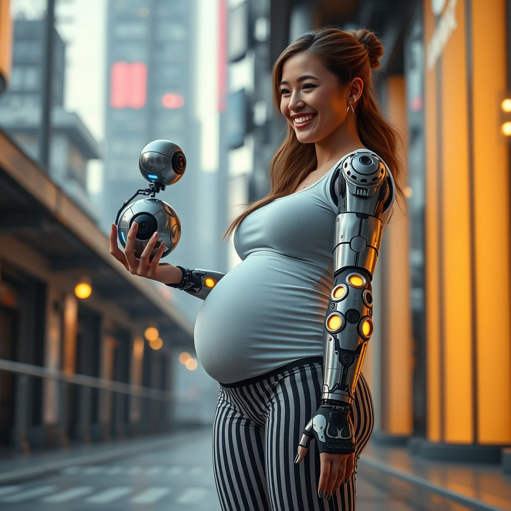 Woman with Robot and Cybernetic Arm in Futuristic City