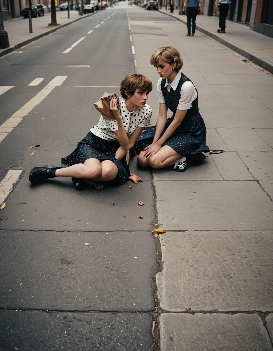 Young Person in Polka Dot Dress on Sidewalk