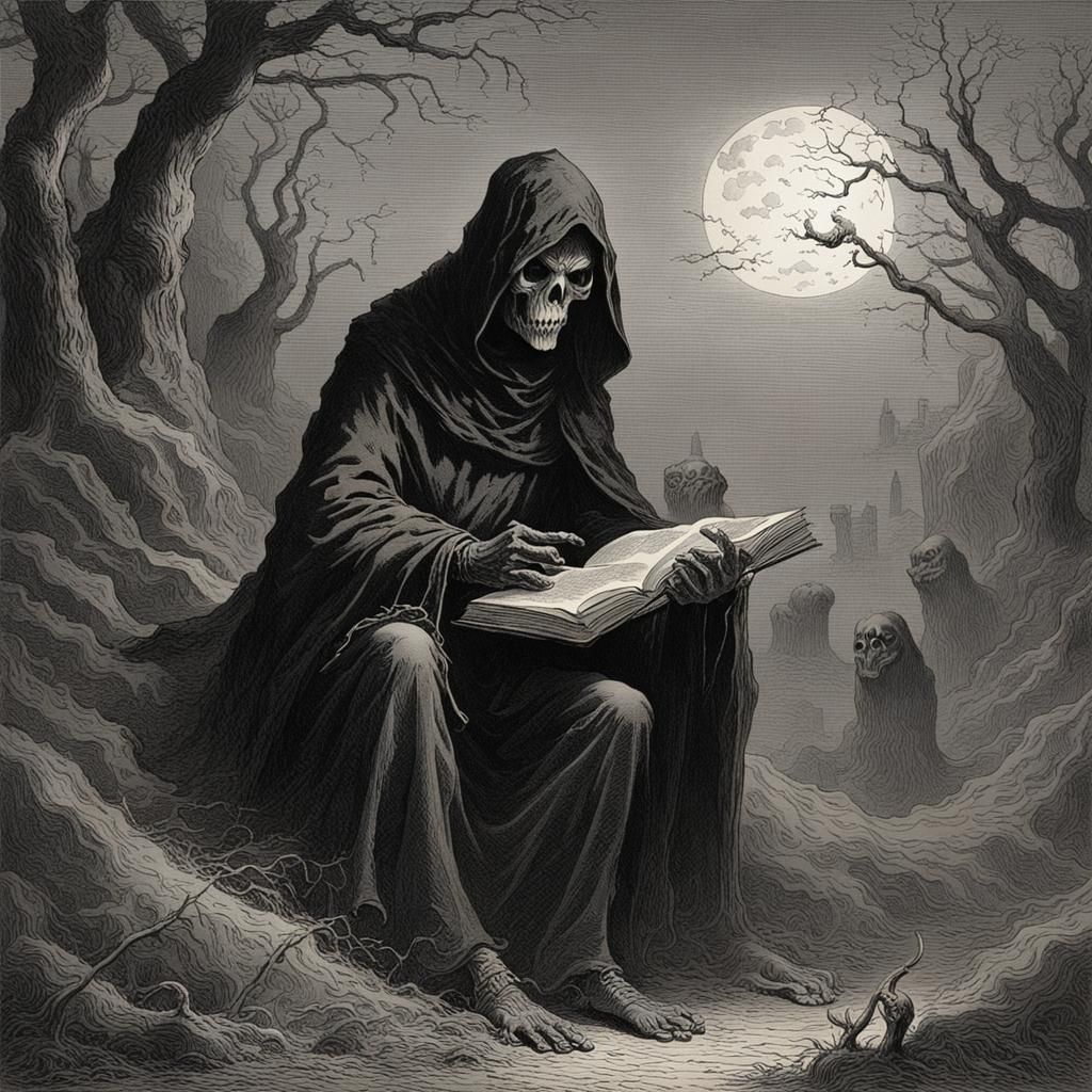 Grim Reaper Emerges from Book, Horror Illustration