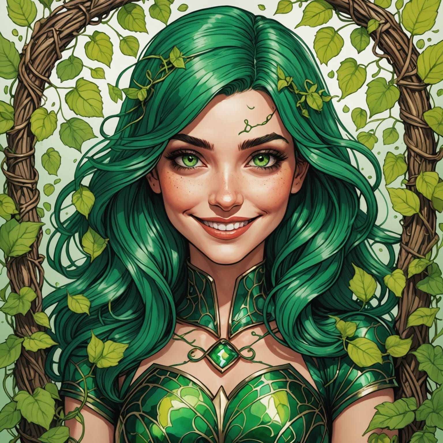 Green-Haired Superheroine Smiling in Vines, Alcohol Ink Styl...