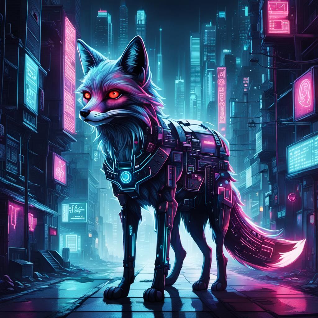 Cyberpunk Fox Haunts Neon City Alley