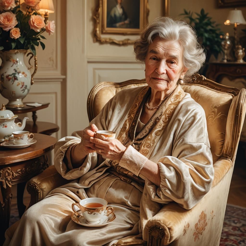 Cozy Evening: Elderly Woman Sipping Tea in Warm Light