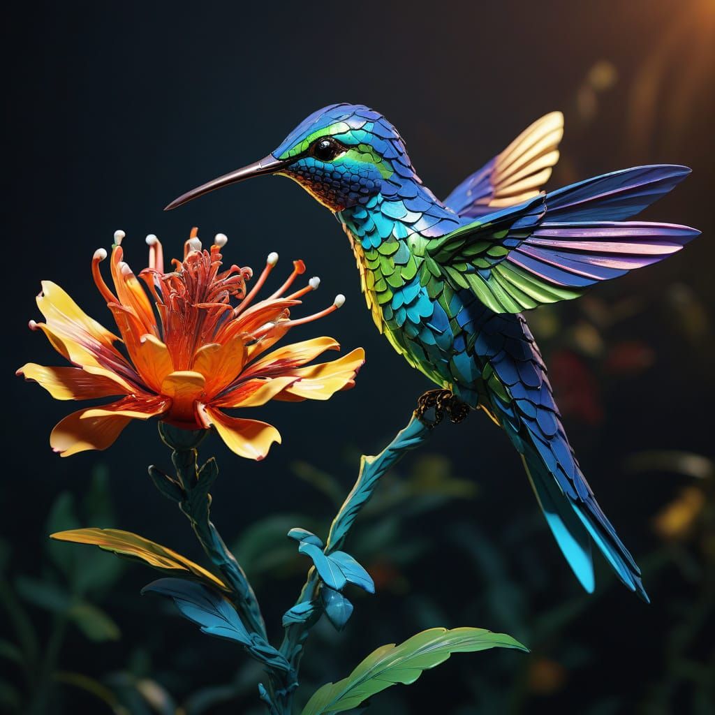 Bioluminescent Hummingbird Paper Sculpture: Hyperrealistic A...