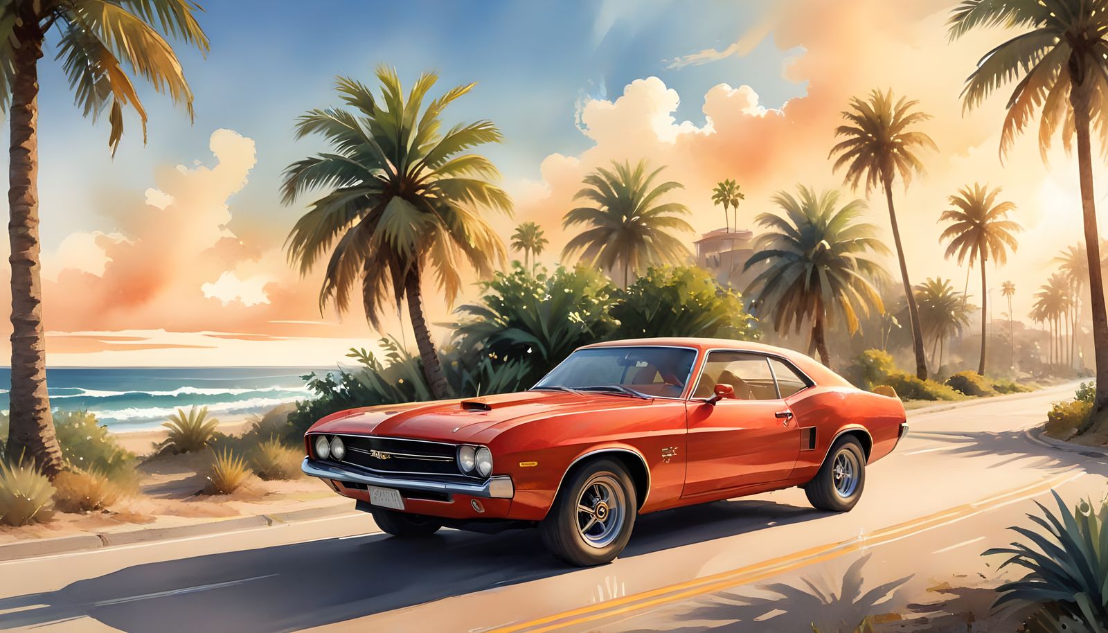 Ocean Road Trip with Classic Muscle Car