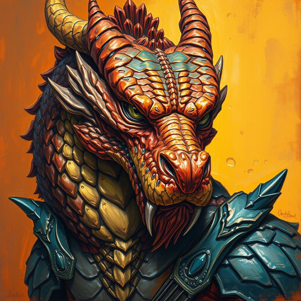Neo-Impressionist Copper Dragonborn Barbarian Portrait
