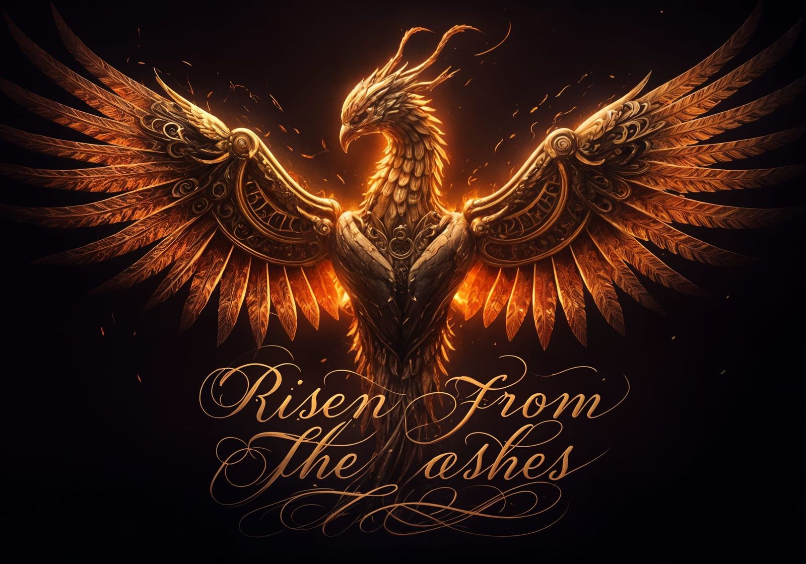 Mechanical Phoenix Rising from Ashes with Calligraphy