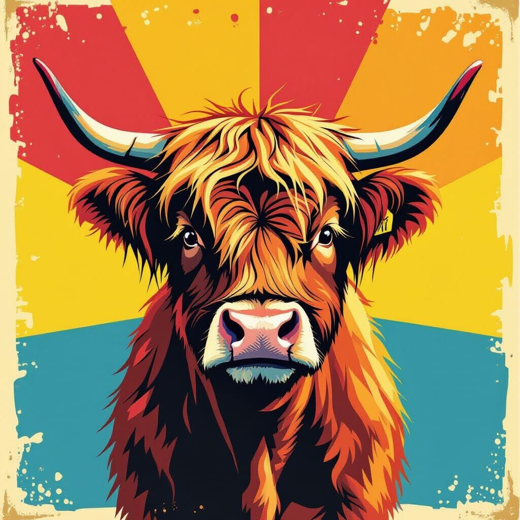 Retro Pop-Art Highland Cow with Vivid Colors
