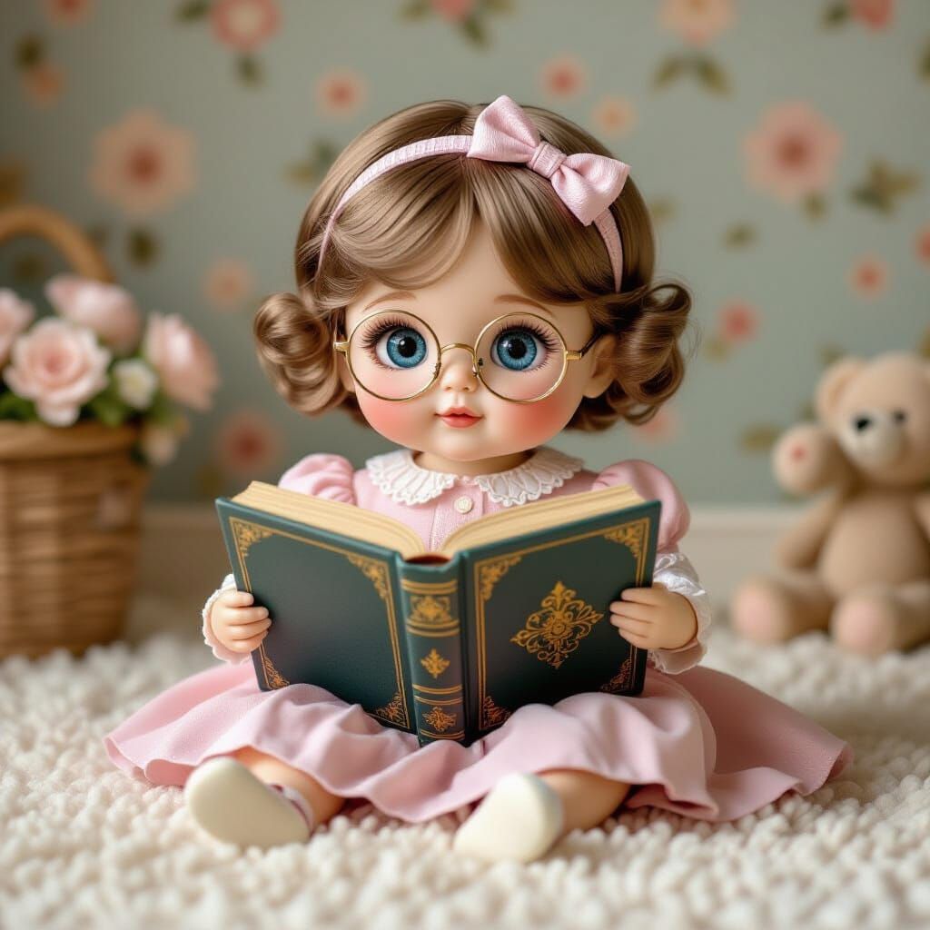 Baby Doll Reads Book in Whimsical Style