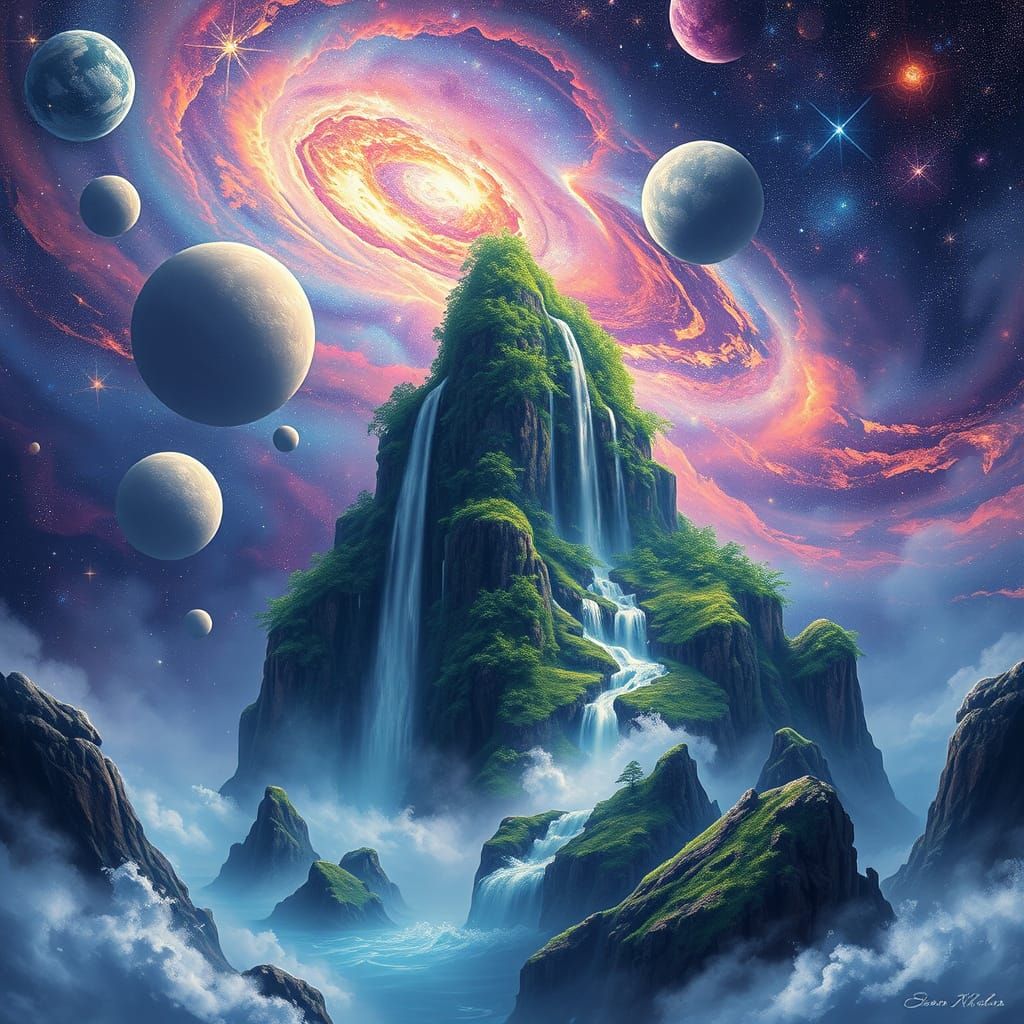 Galactic Waterfall in Vibrant, Dreamy Style