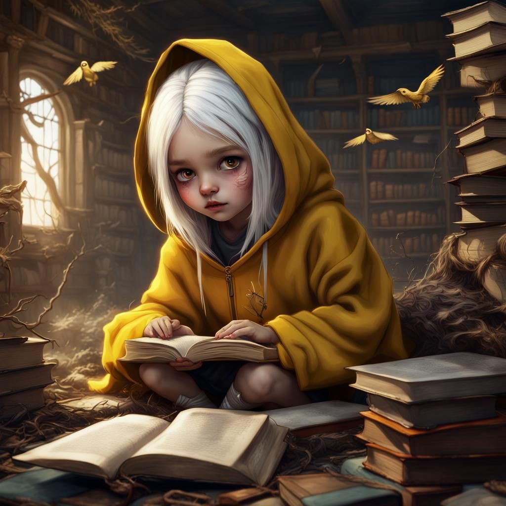 Winged Girl in Abandoned Library, Detailed Matte Painting