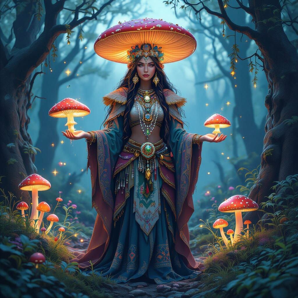 Shaman Goddess with Amanita Muscaria in Mystical Forest