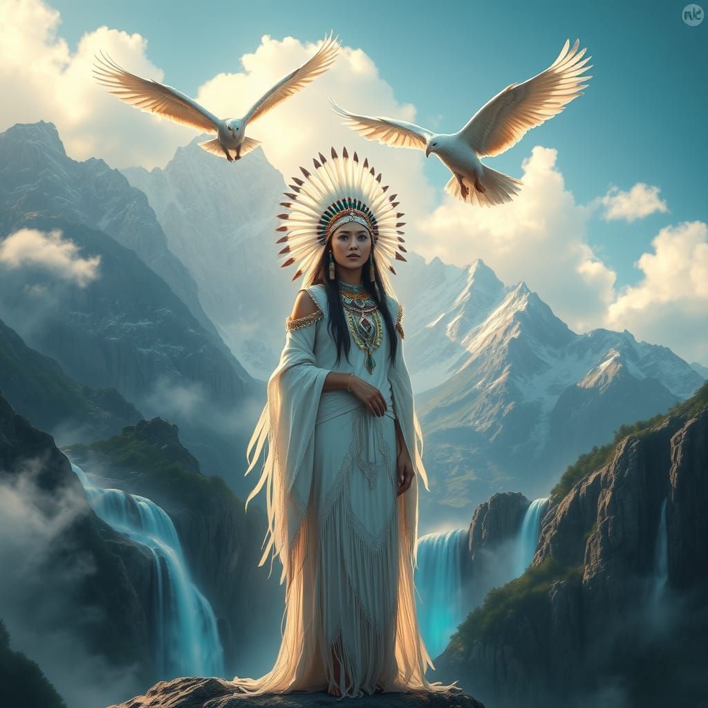 *Oil on canvas, magic realism, serene and ethereal composition. 
*A mystical Native woman with a feathered headdress sta...