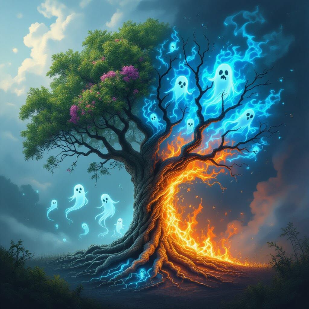 Dual Nature Tree: Lush Blooms and Ghostly Fire