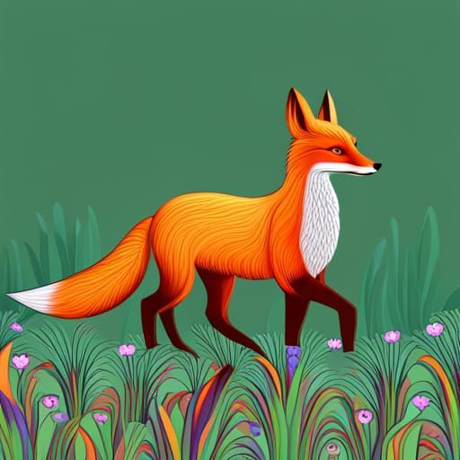 Fox in Flower Meadow with Abstract Shading