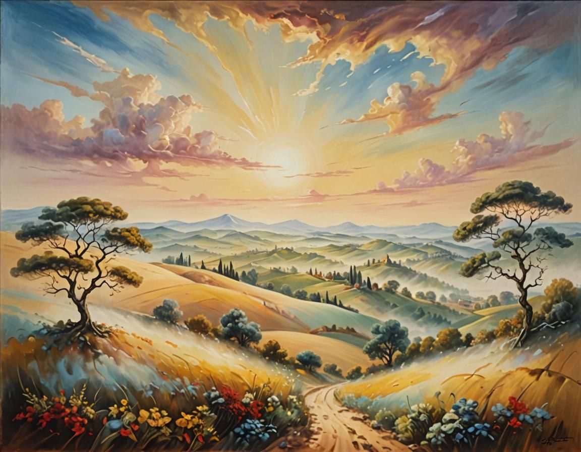 Ethereal Impressionist Landscape with Dreamy Sky