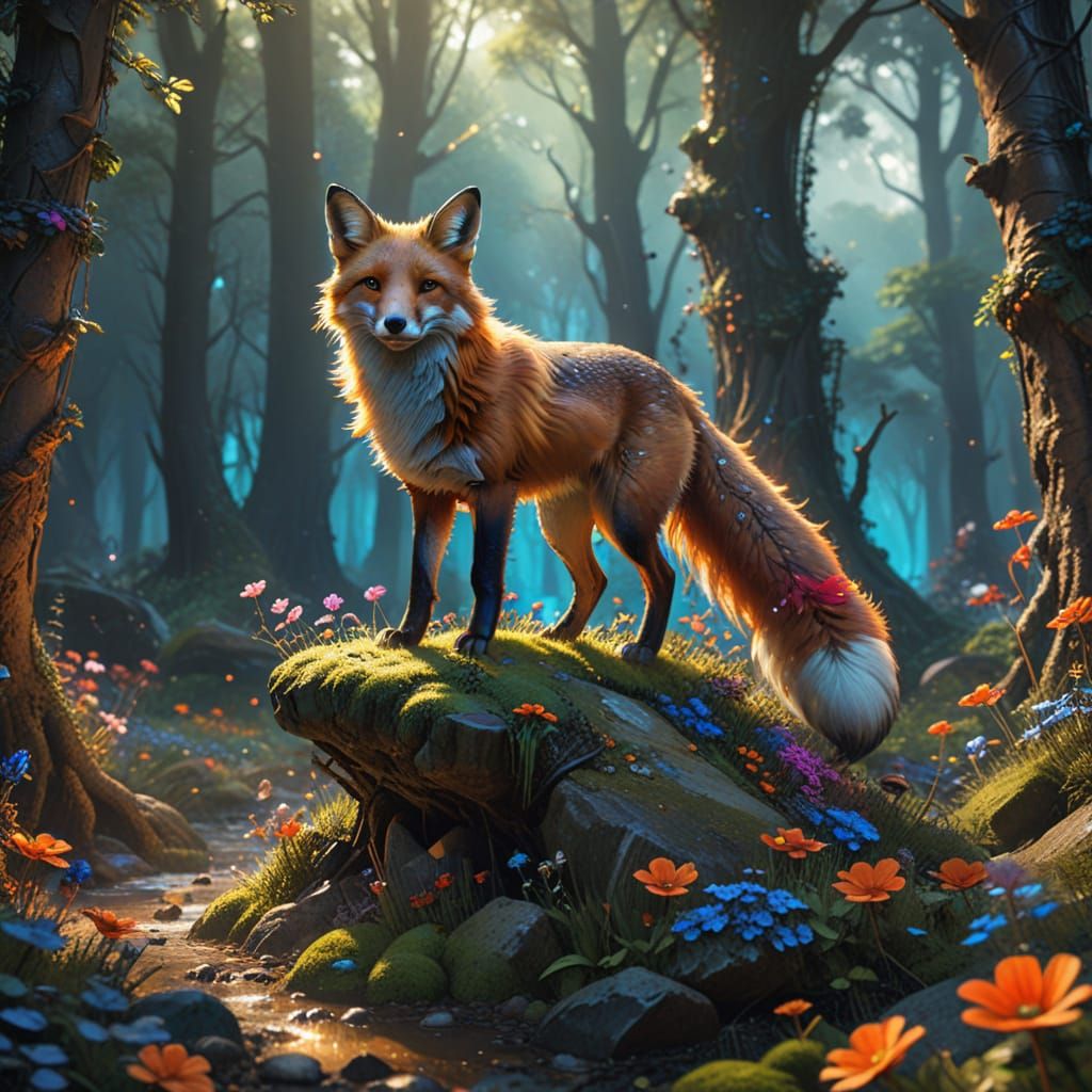 Whimsical Fox in Vibrant Love Forest