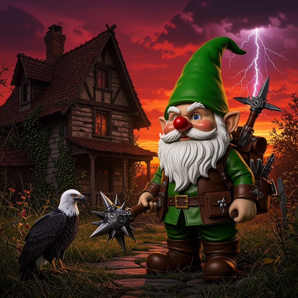 Menacing Gnome Guards Chocolate House in Dark Fairy Tale