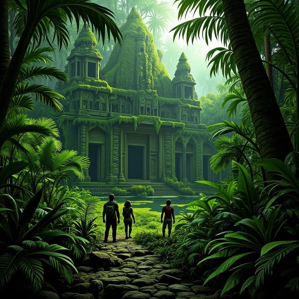Adventurers Discover Hidden Jungle Temple in Matte Painting
