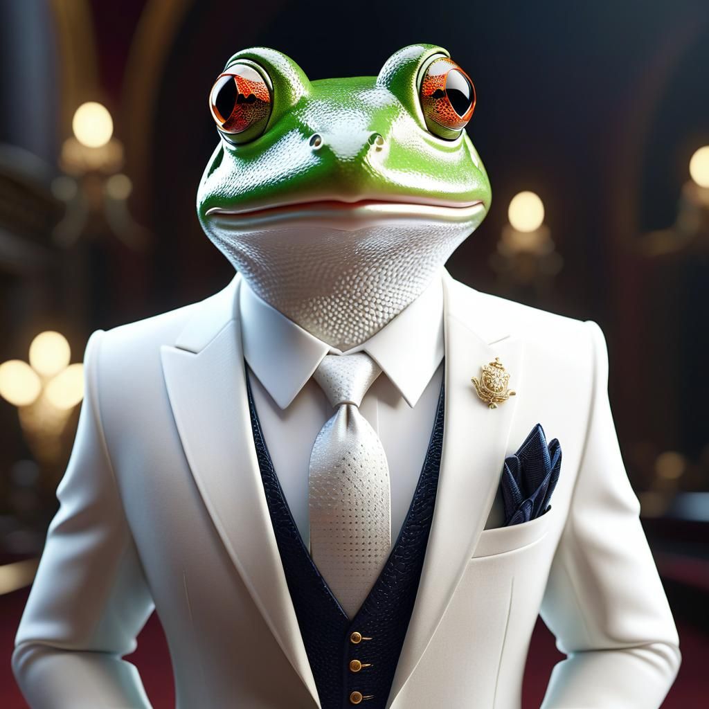 Anthropomorphic Frog Gentleman Portrait in White Suit