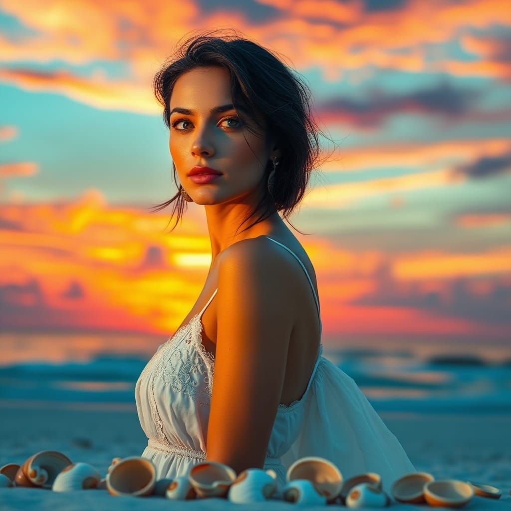 Woman in White Dress on Beach at Sunset, Hyperrealistic Art