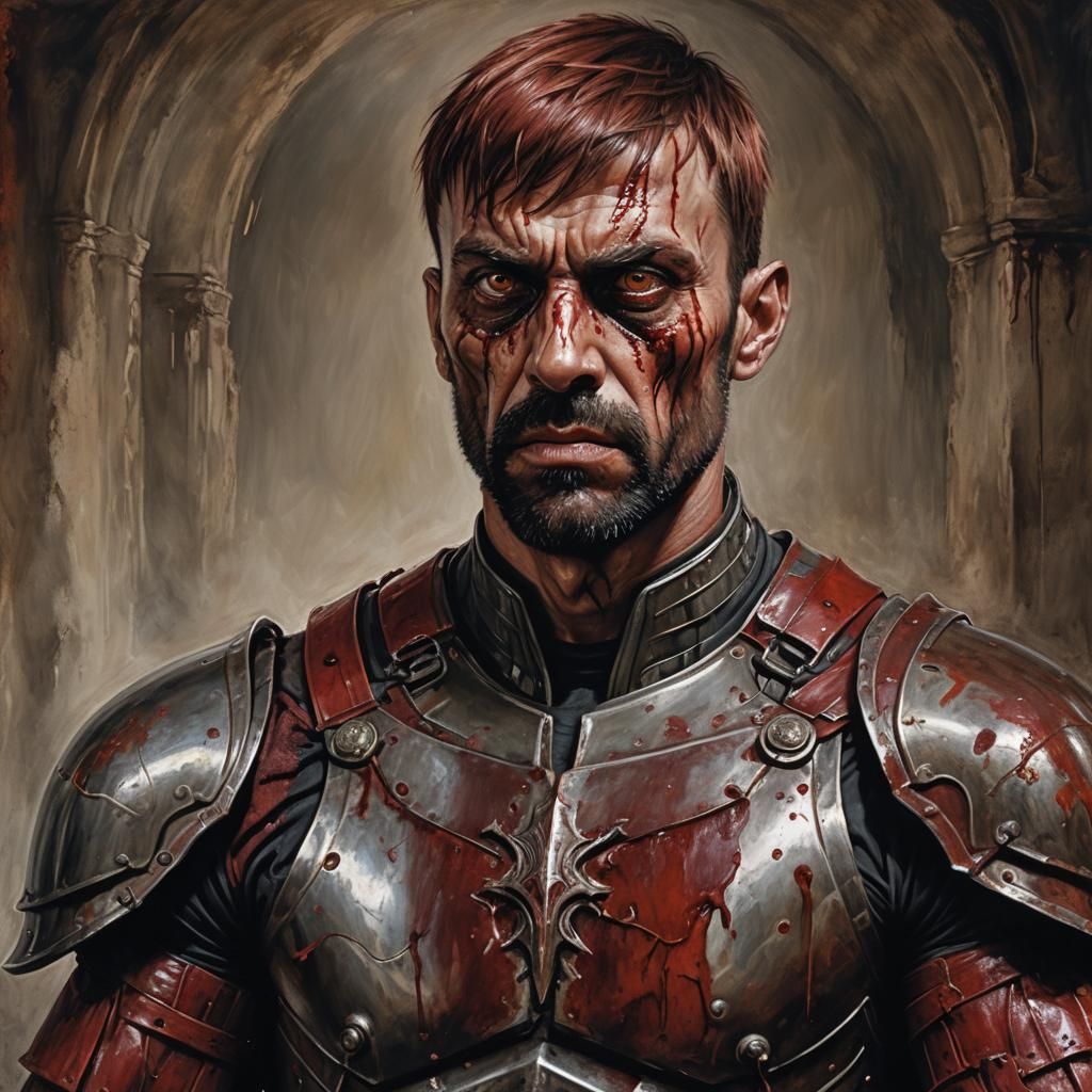 Hyperrealistic Portrait of a Blood-Skinned Man in Armor