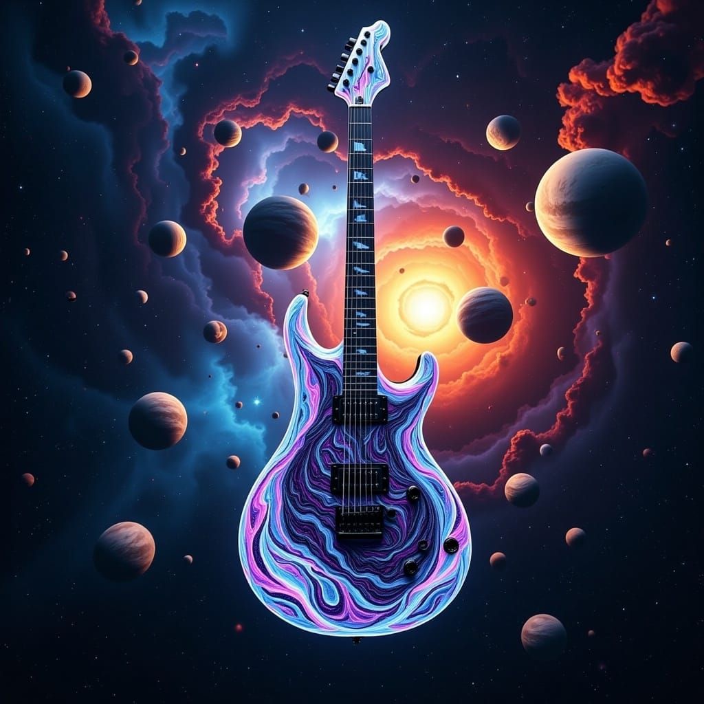 Sleek Glass Guitar Overlayed with Vibrant Space Scene