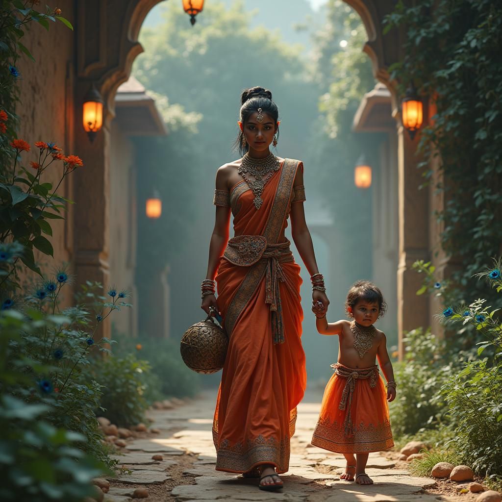 Indian Woman and Baby in Fantasy Landscape