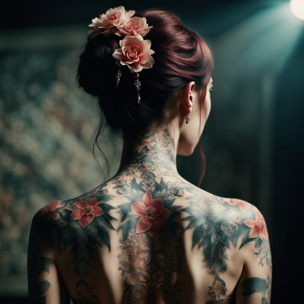 Woman in Elegant Pose with Intricate Tattoos in a Cinematic ...