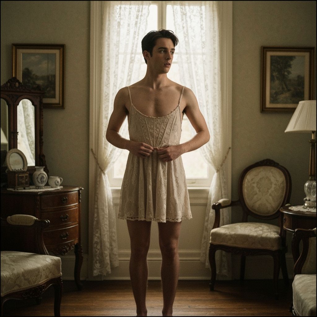 Nervous Crossdressed Man in Vintage Dressing Room