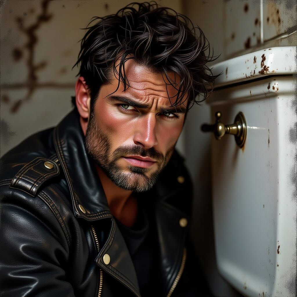 Gritty Portrait of a Man in Leather Fixing Toilet