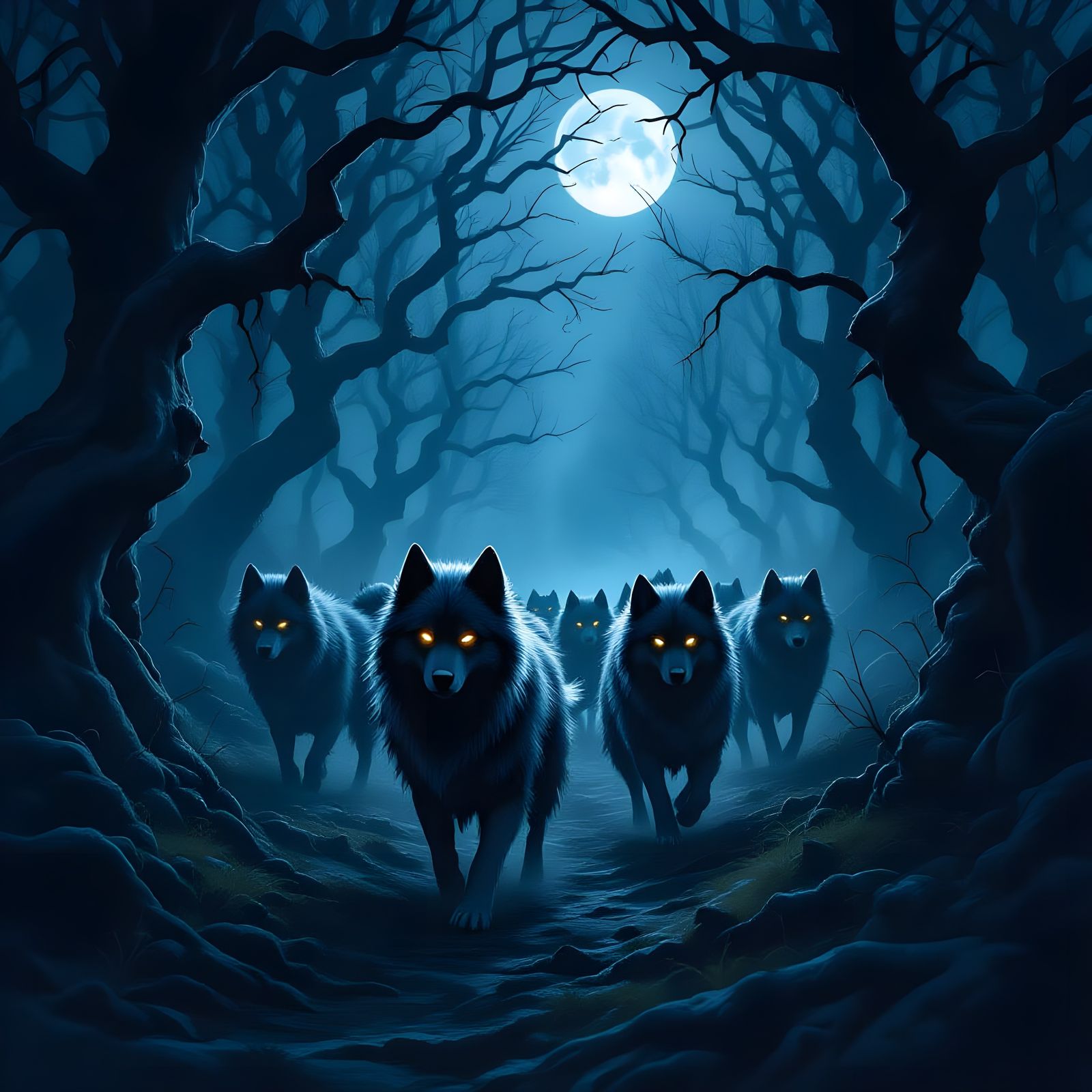 Anthromorphic Dogs in Eerie Forest at Night