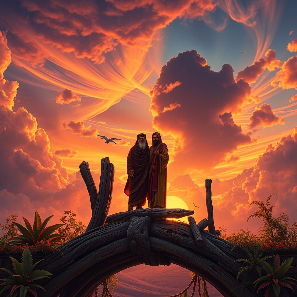 Mirdad and Shamadam on Noah's Ark in Vibrant Sunset Landscap...