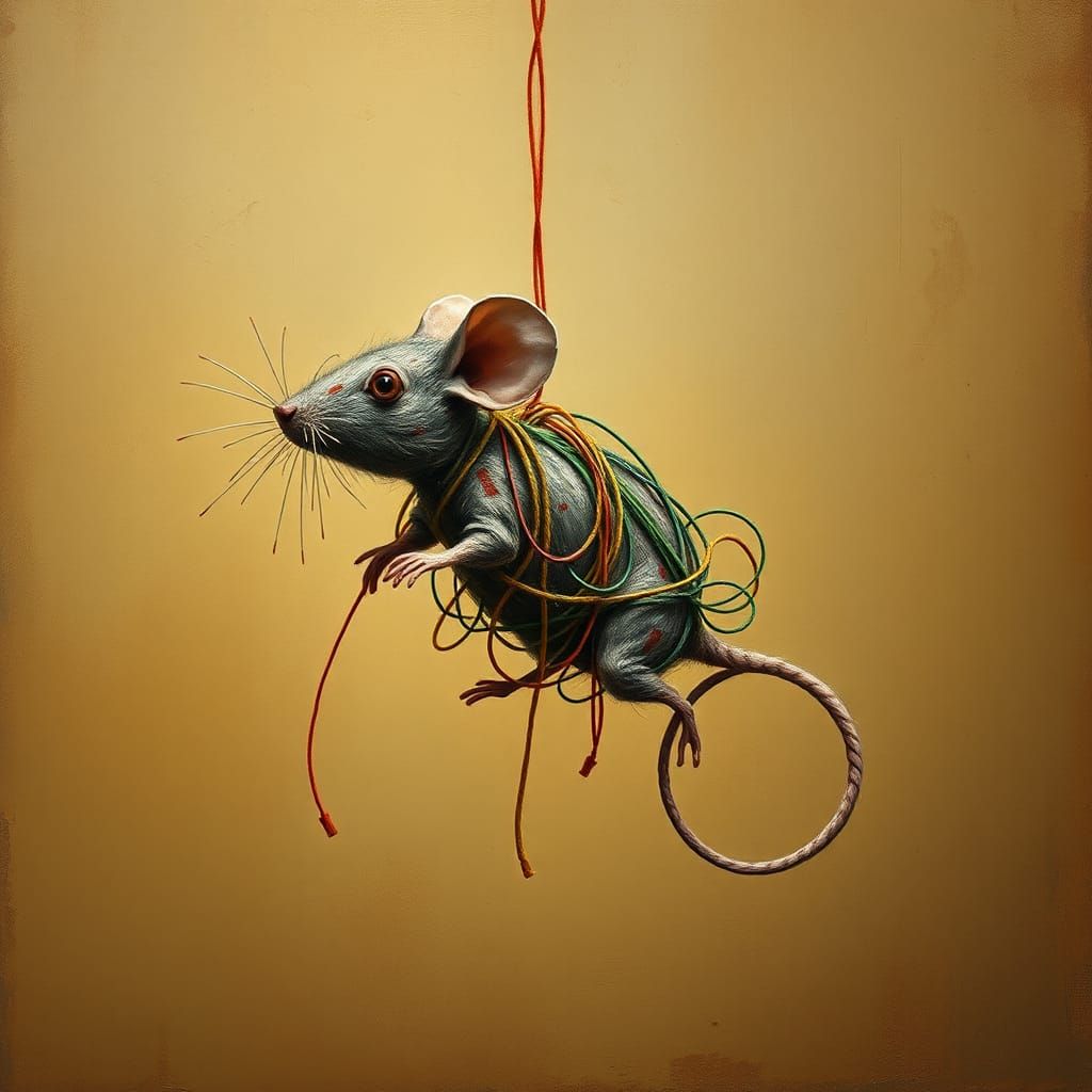String Mouse in Surrealist Dreamscape, Folk Art Style