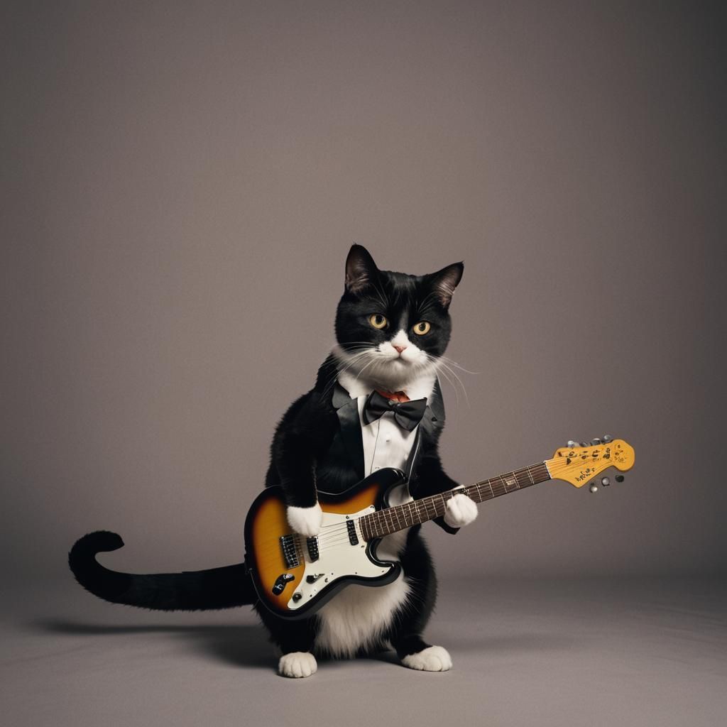 Tuxedo Cat Plays Electric Guitar: Cinematic Film Still