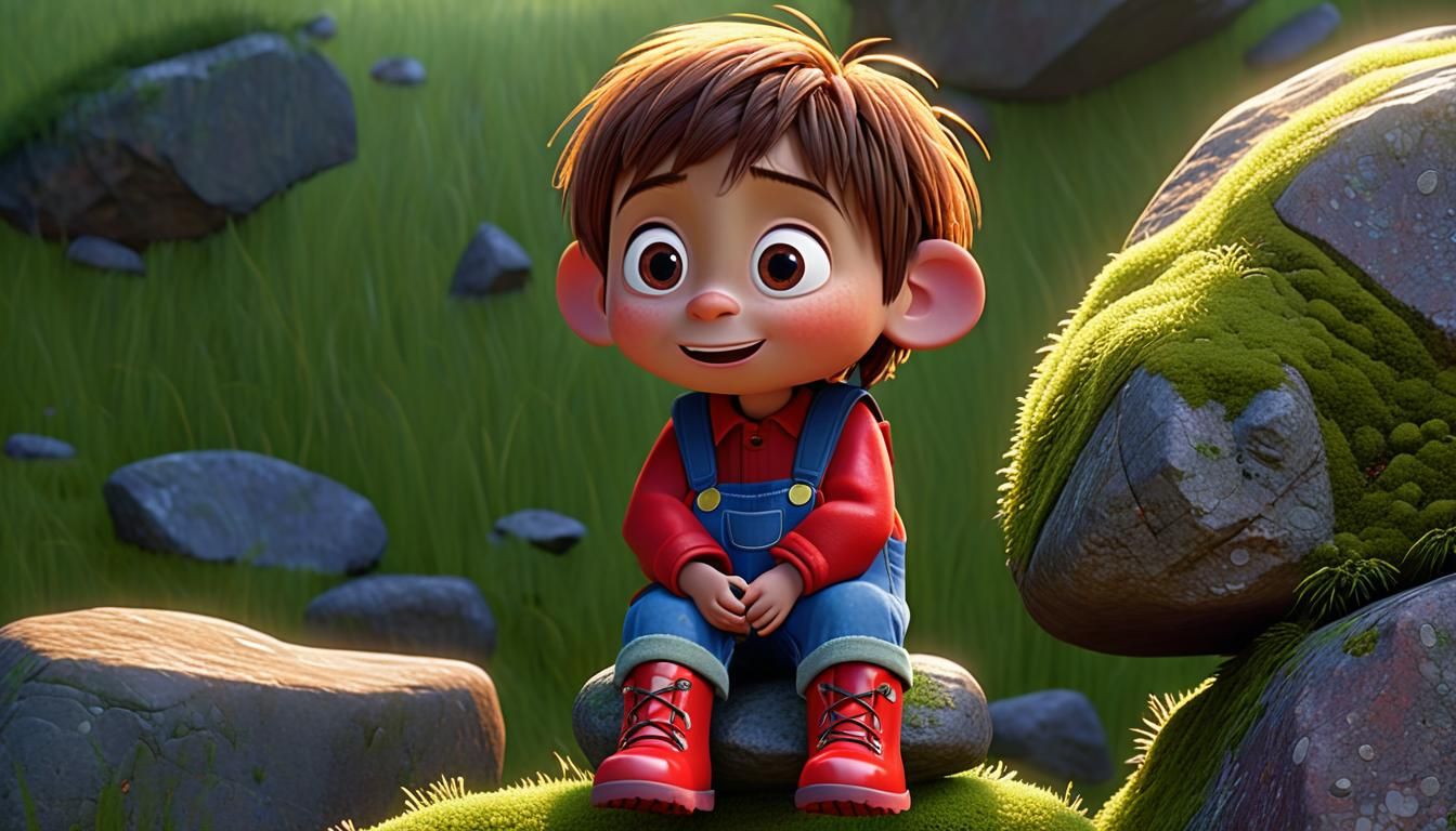 Happy 3D Cartoon Toddler on Mossy Rock