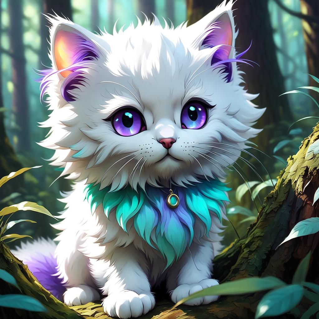 Cute Chibi Kitty in Pastel Forest, Detailed Digital Art