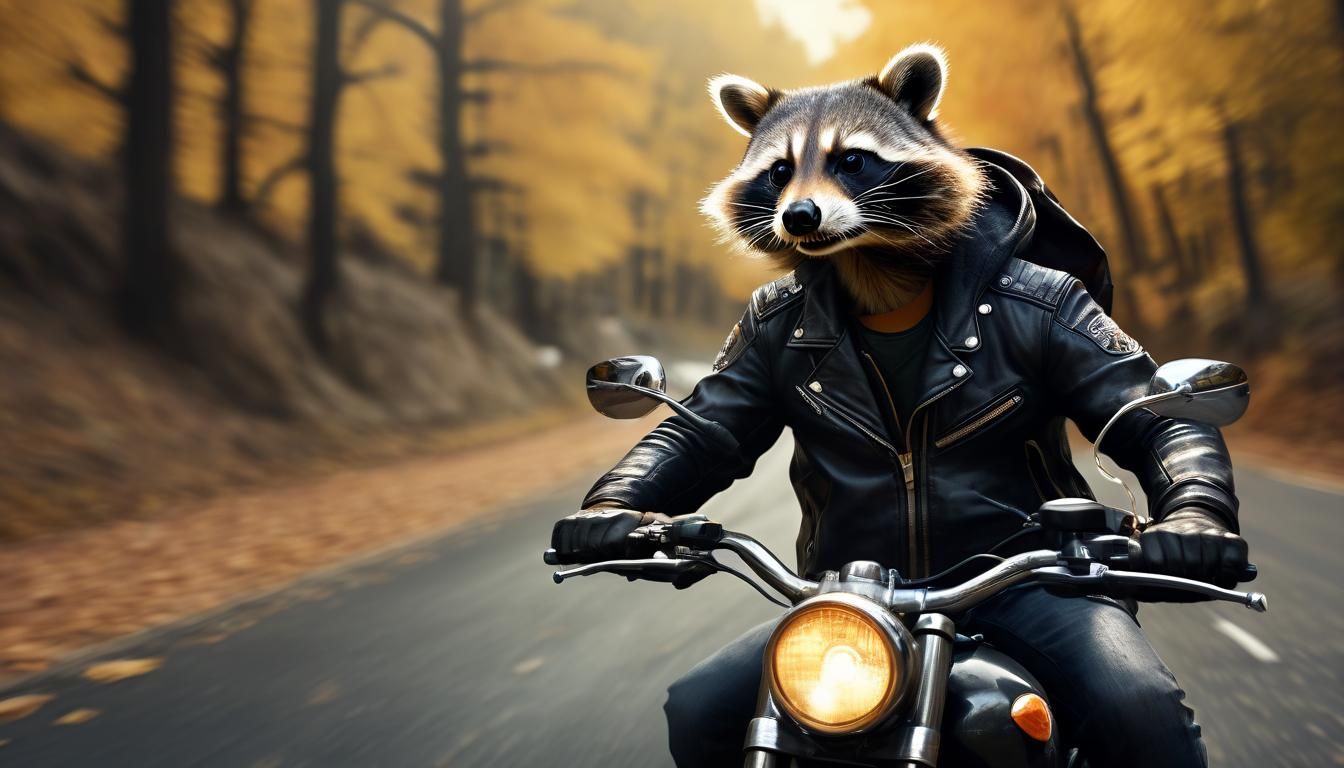 Raccoon Motorcyclist Rides at High Speed: Hyperrealistic Art
