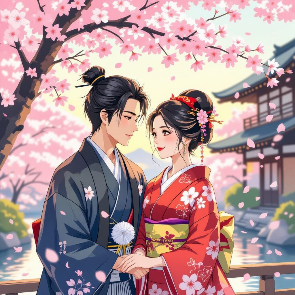 Romantic Couple in Japanese Spring Blossom Scene