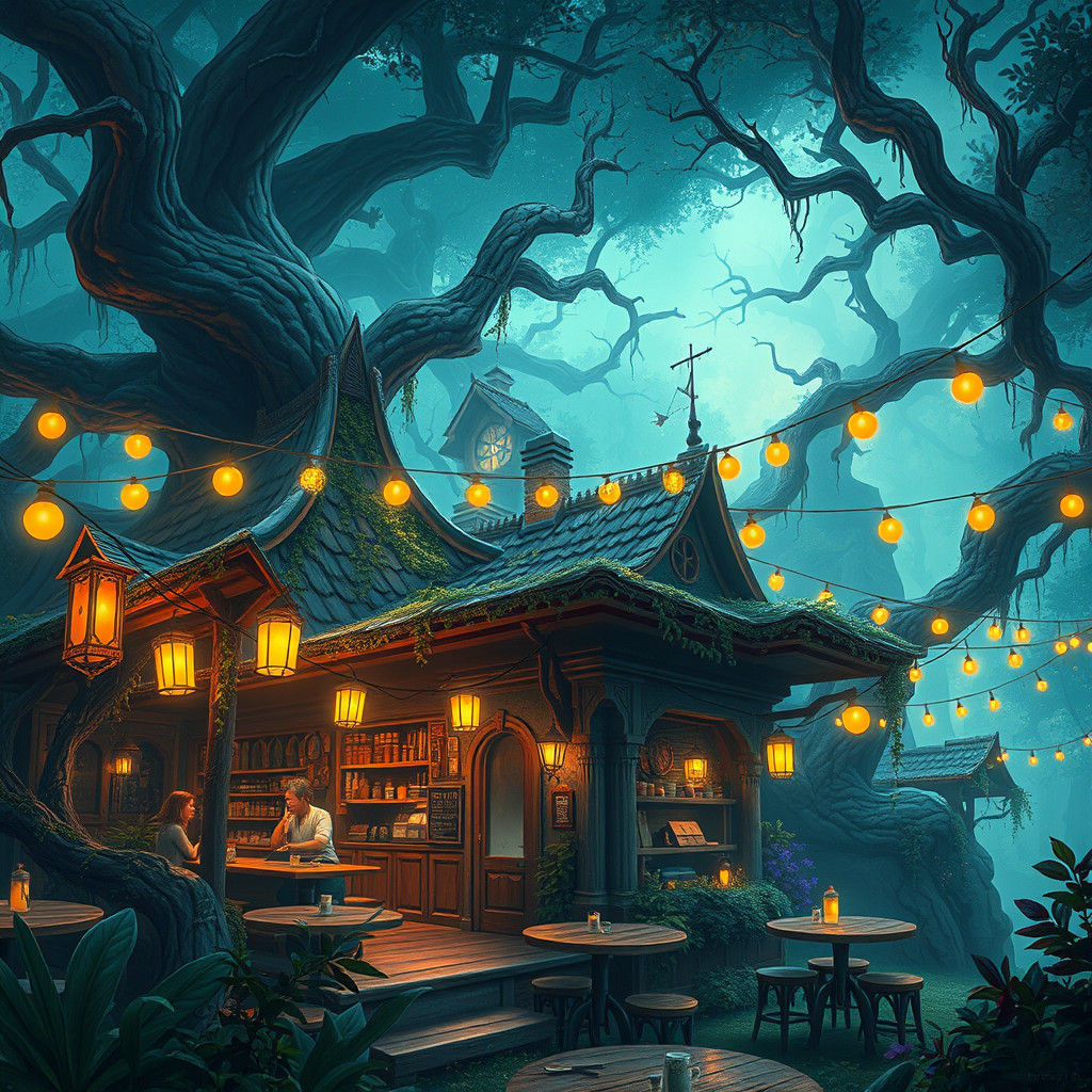Mystical Cafe in Dreamlike Forest: Fantasy Concept Art
