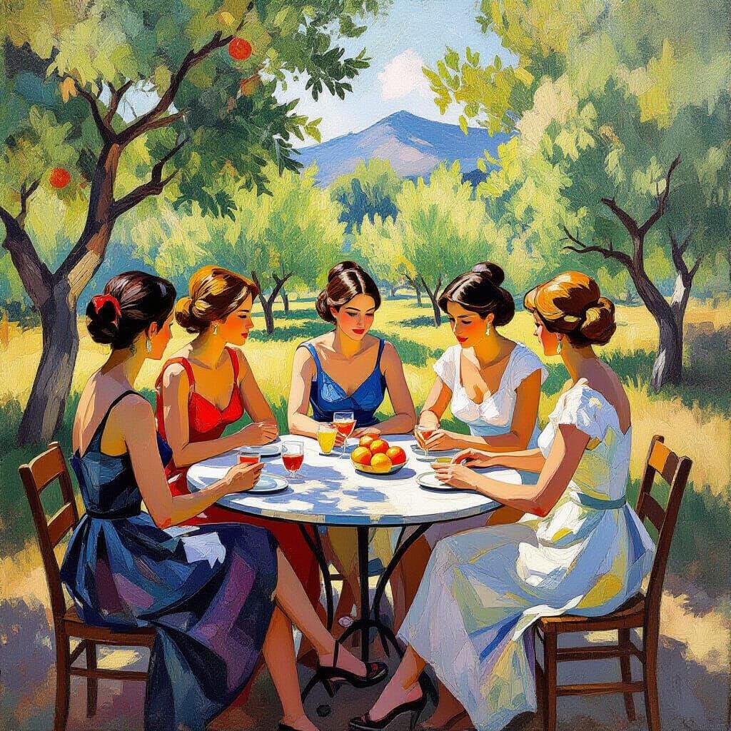 Modern Women in Sun-Drenched Orchard, Cezanne Style