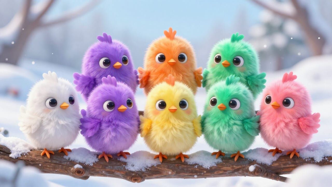 Cartoon Chicks on Snowy Branch in Winter Wonderland