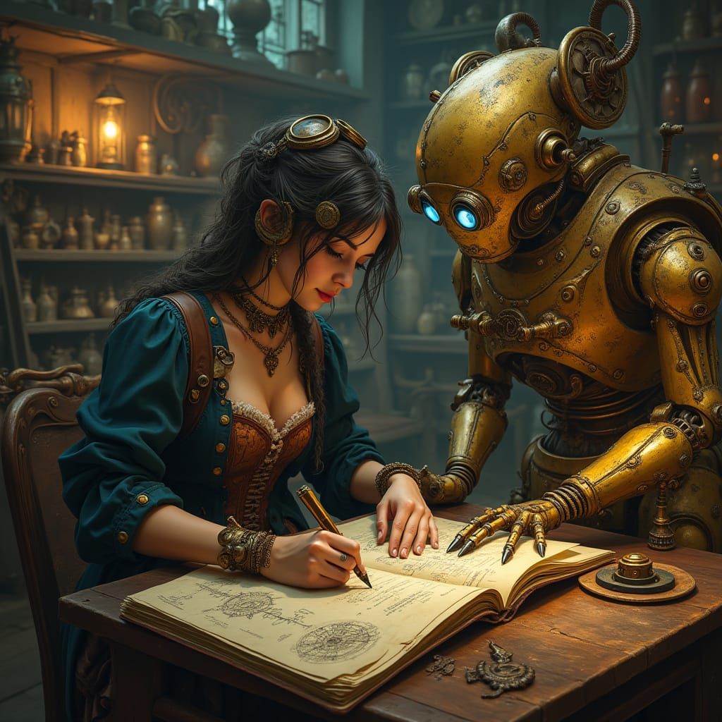 Steampunk Artist Unlocks Robot's Secrets in Dimly Lit Worksh...