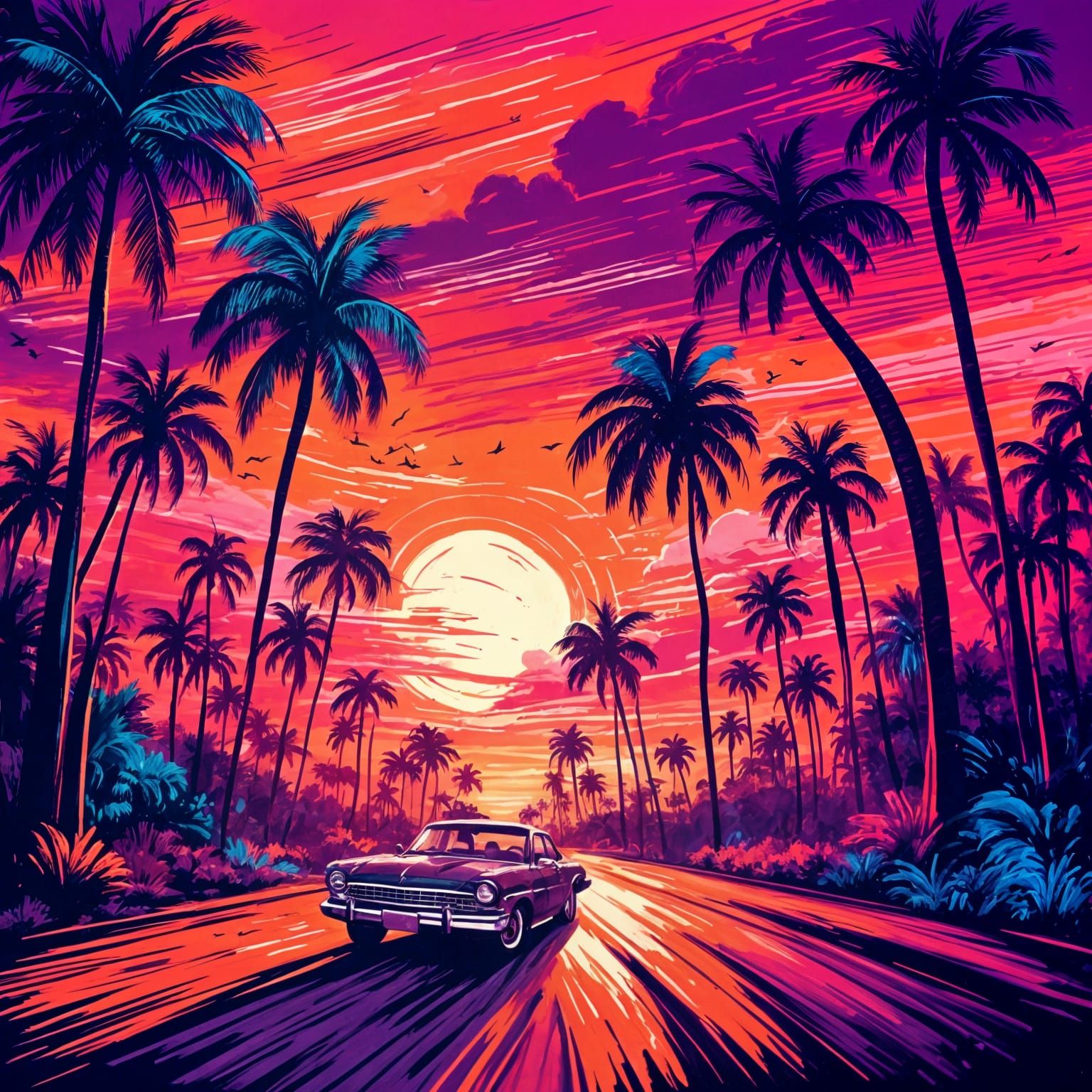 Florida Boulevard Sunset in Retro Drawing Style