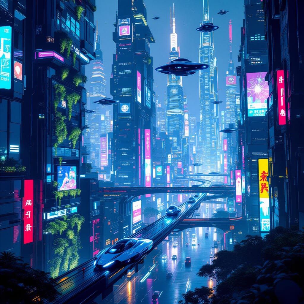 Futuristic Metropolis with AI, Gardens & Flying Cars