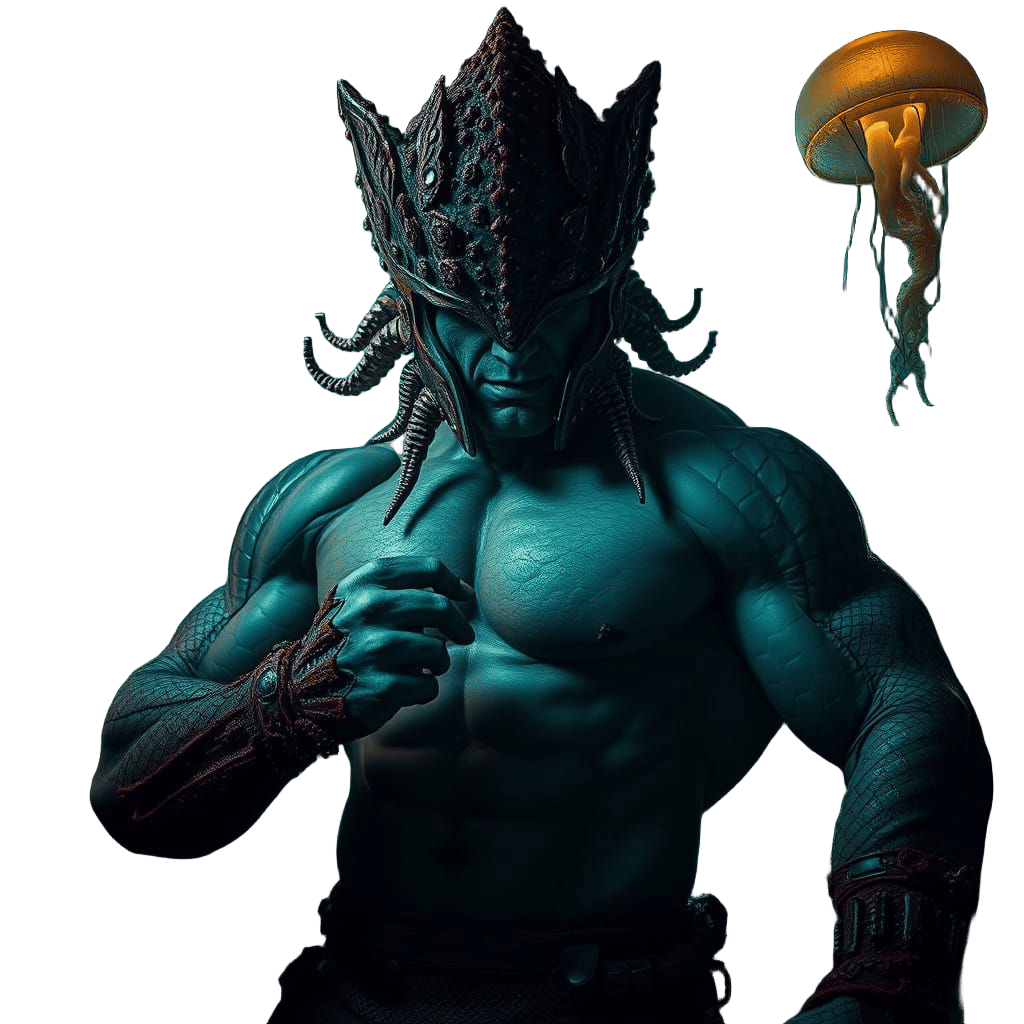 Muscular Villain in Barnacle Helmet Armor, Underwater Lair,...