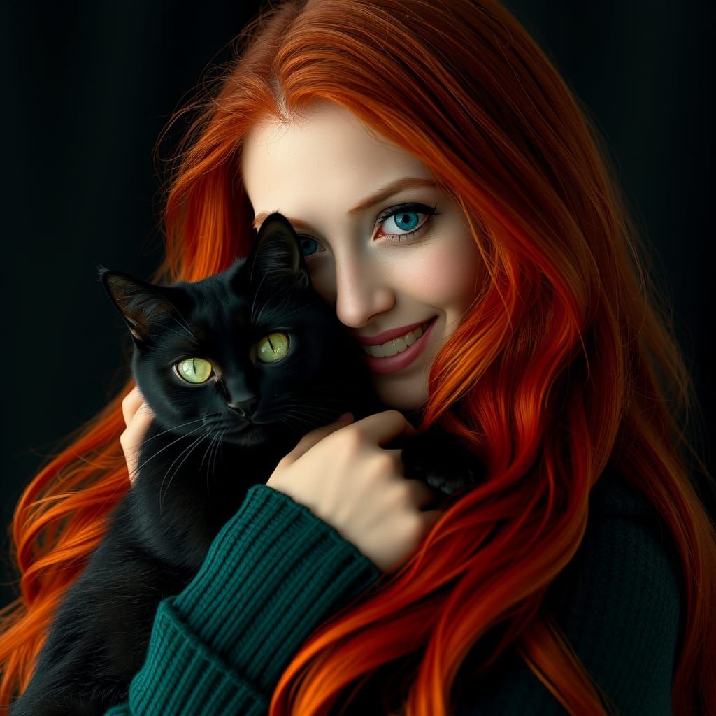 Redhead and Black Cat Portrait, Digital Art