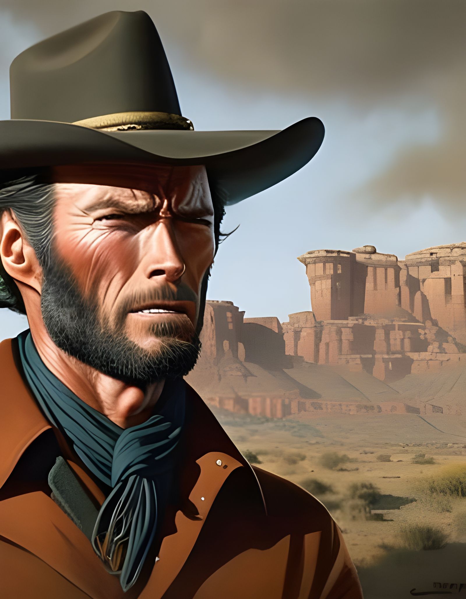 Clint Eastwood Squinting in Desert Sun: Detailed Portrait