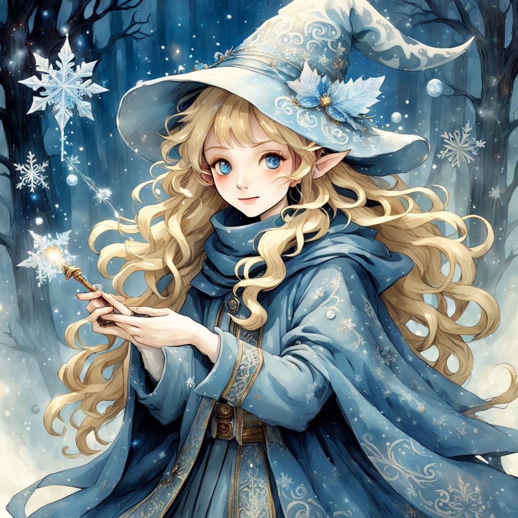 Winter Witch with Golden Curls and Ice Wand