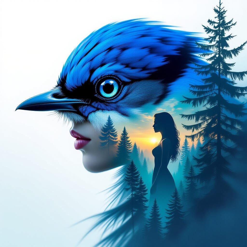 Bluebird Forest Portrait Double Exposure Digital Art