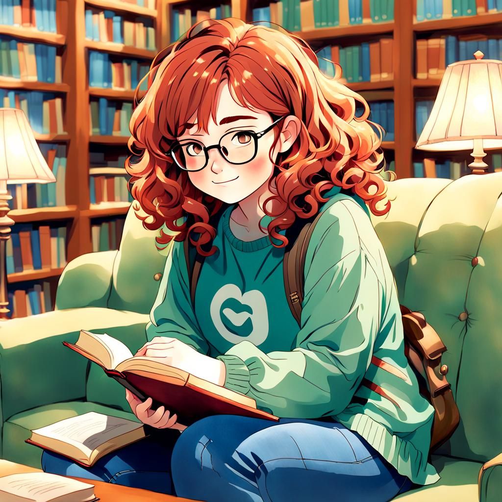Anime Woman in Library, Studio Ghibli Style